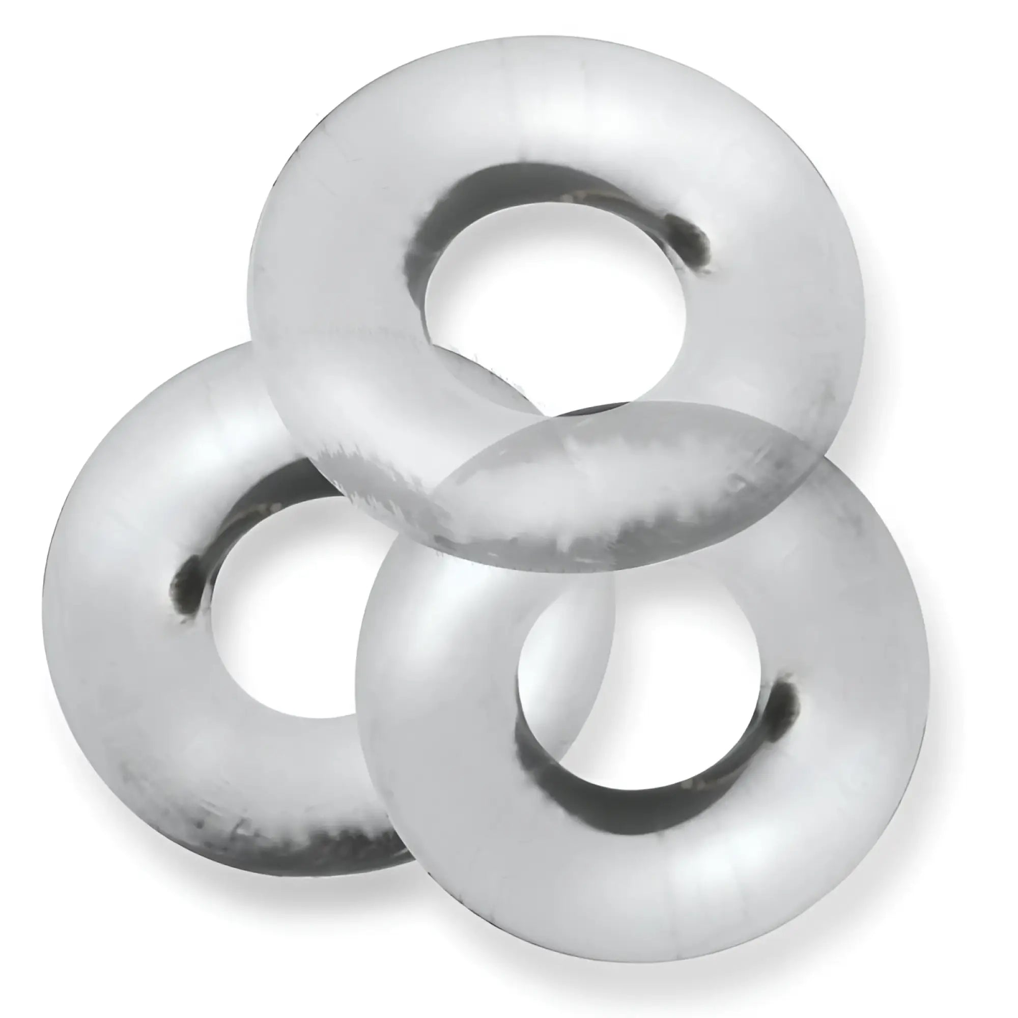Three interlocking silver-toned metal washers featured in oxballs fat willy 3 pc jumbo cockrings clear one size