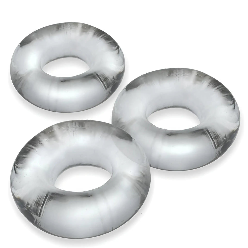 Three translucent silver inflatable oxballs fat willy jumbo cockrings in clear one size shown together