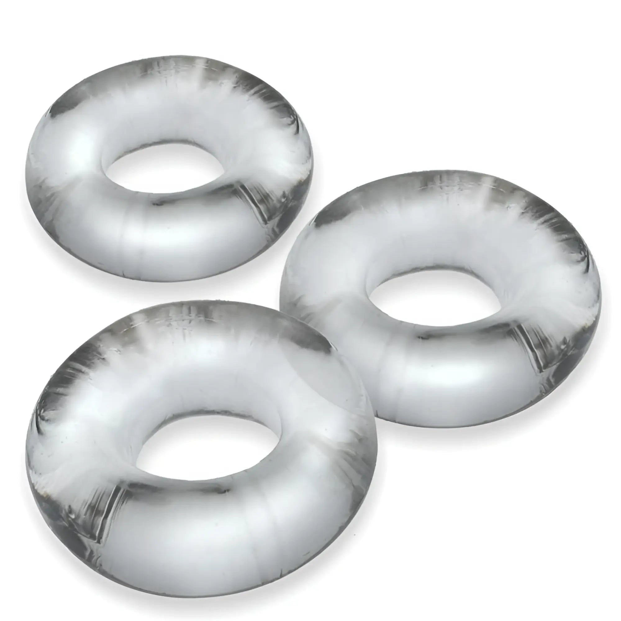 Three translucent silver inflatable oxballs fat willy jumbo cockrings in clear one size shown together