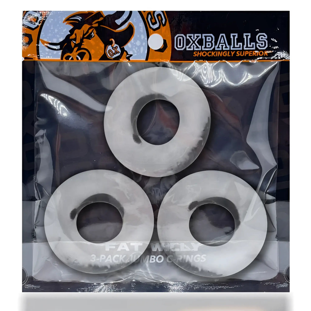 Oxballs fat willy 3 pc jumbo clear cockrings in a clear plastic package with white circular fat welly rings