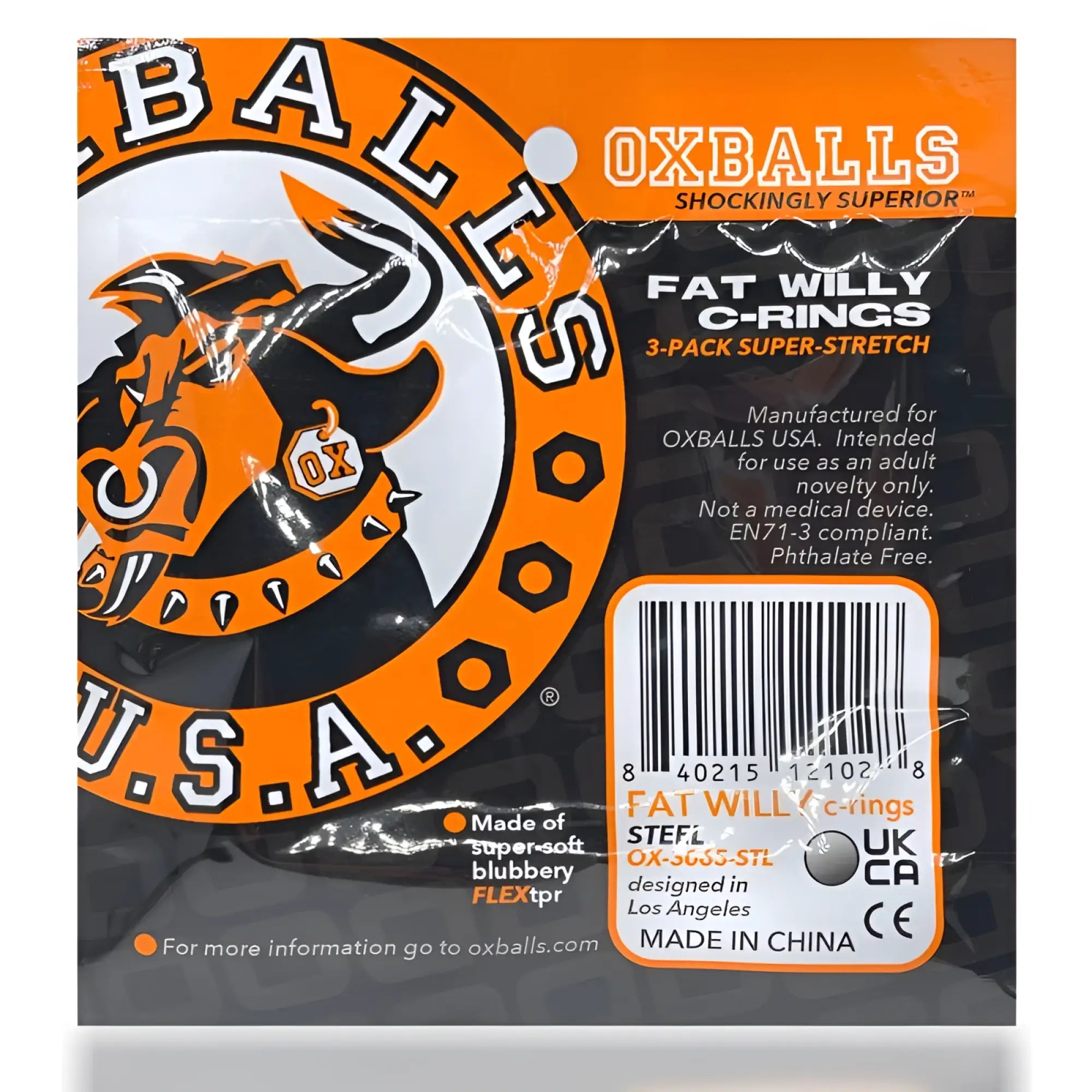 Oxballs fat willy 3 pc jumbo cockrings in orange and black packaging designed for men’s enhancement use