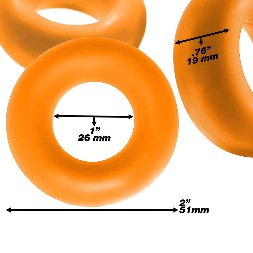 Orange silicone donut-shaped resistance bands from oxballs fat willy 3 pc jumbo cockrings one size set