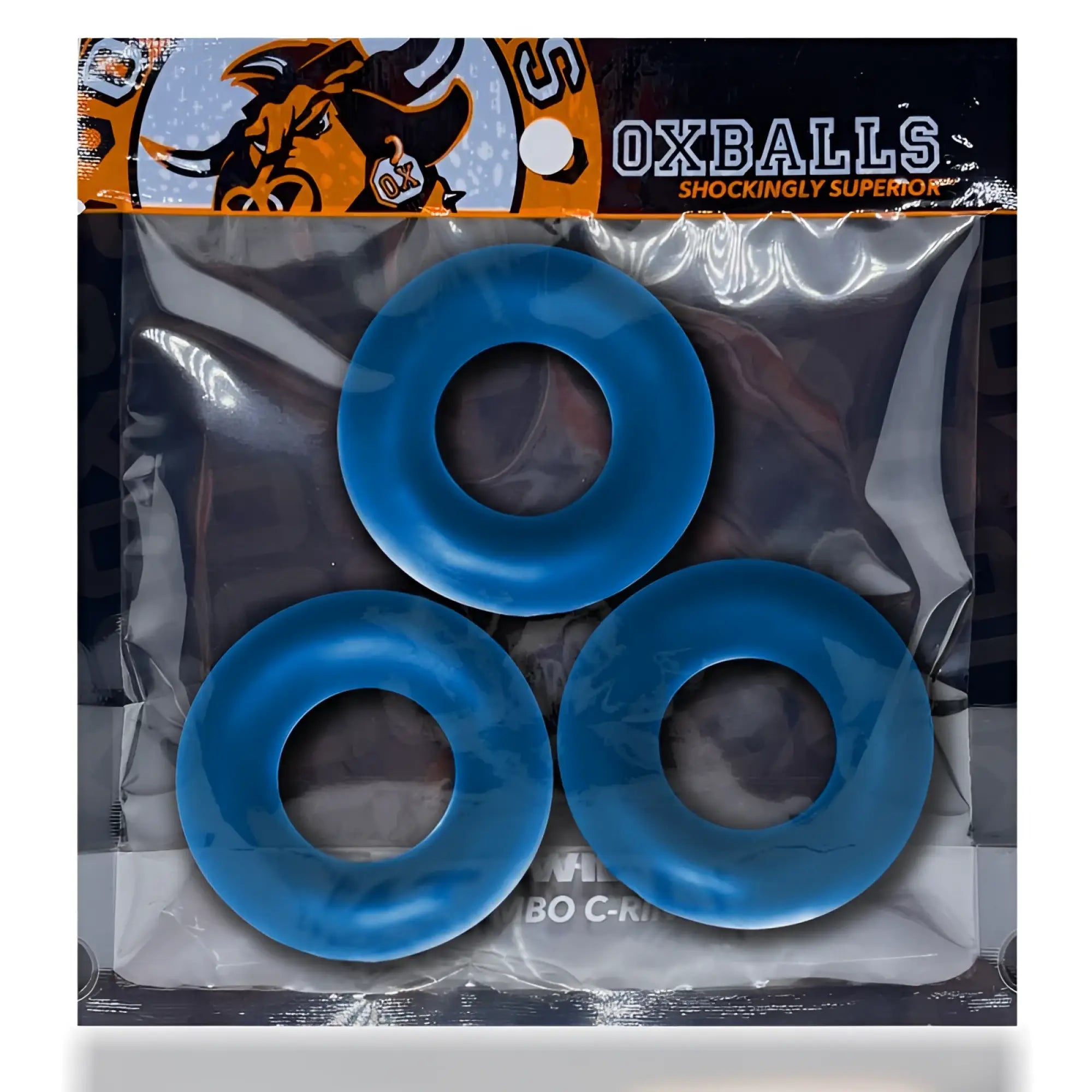 Three bright blue oxballs fat willy jumbo silicone cock rings in a clear plastic package one size space blue