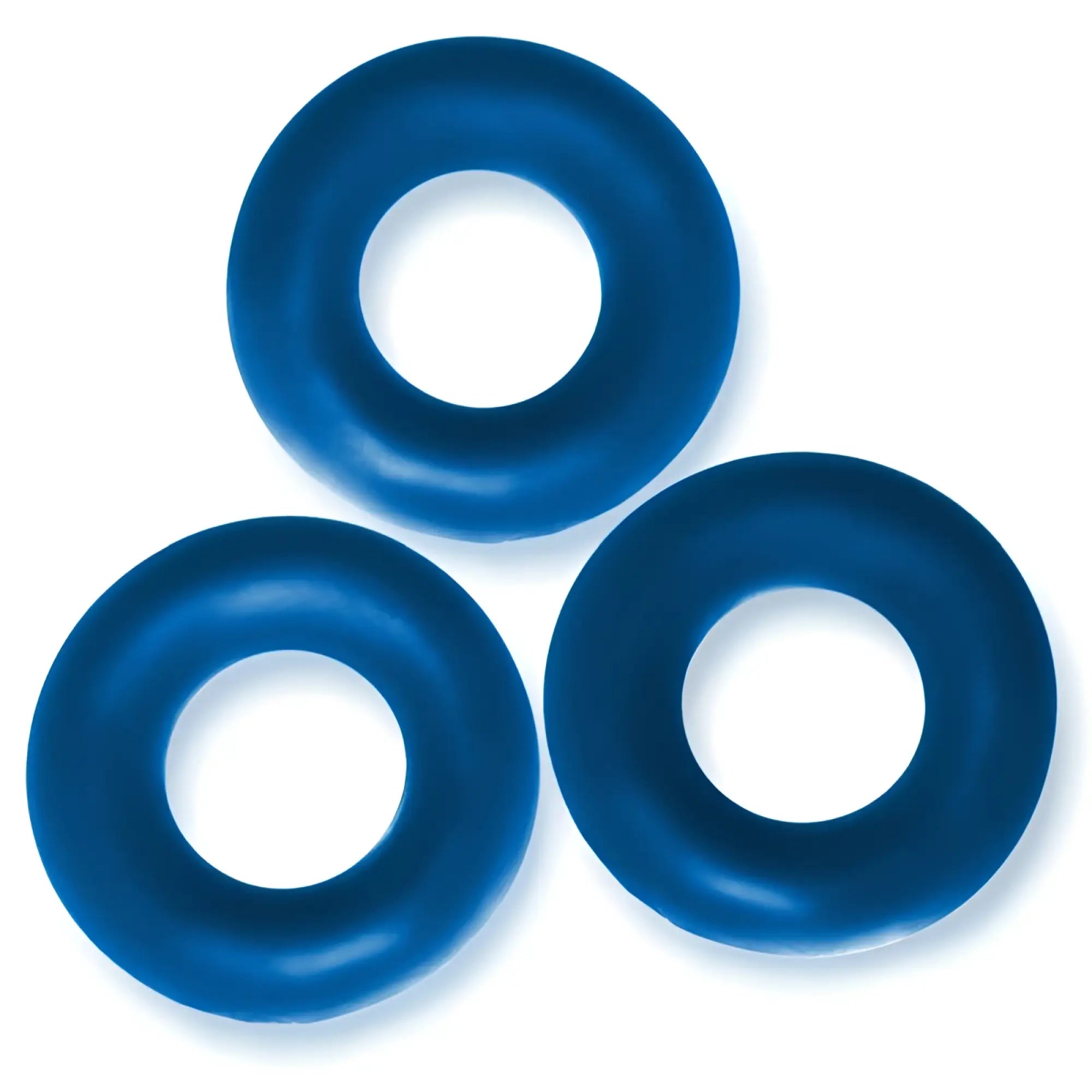 Three vibrant blue silicone jumbo cockrings with smooth matte finish from oxballs fat willy 3 pc set space blue