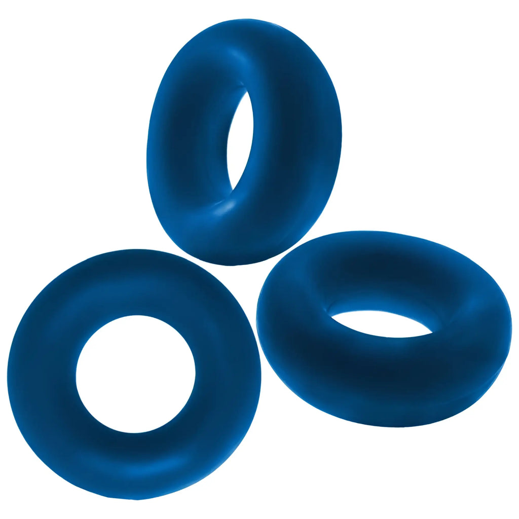 Three vibrant blue silicone oxballs fat willy jumbo cockrings smooth glossy one size for comfortable use