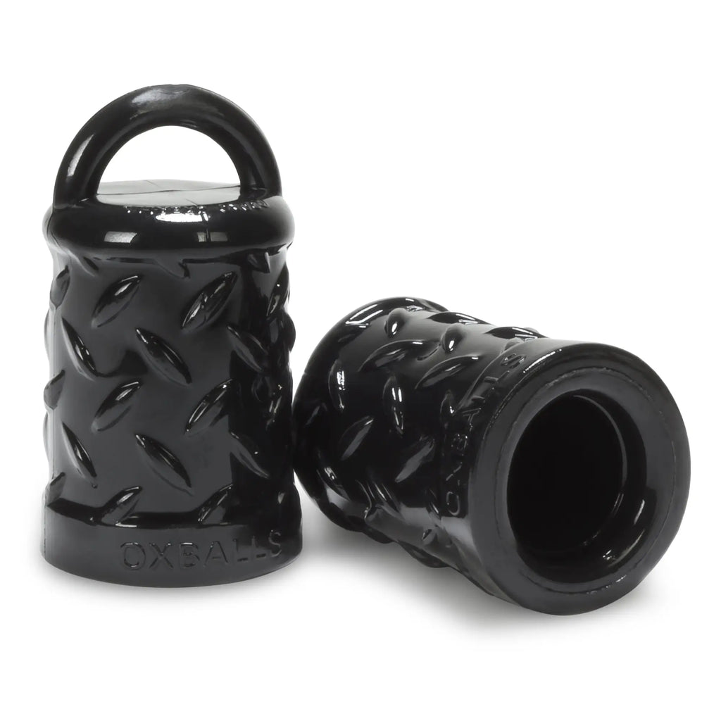 Black glossy ceramic OxBalls Gripper nipple puller tire valve caps with diamond plate texture and integrated handle