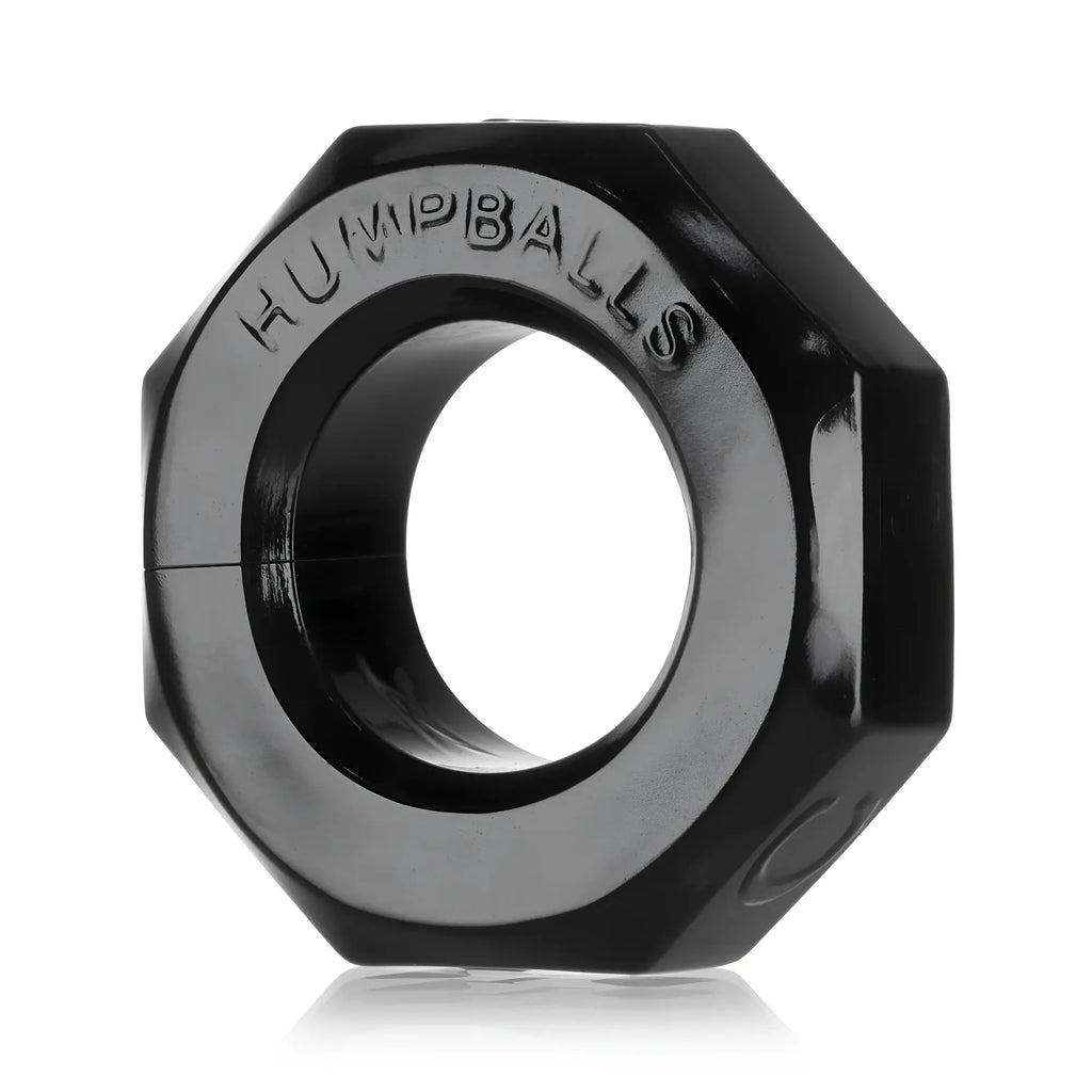 Black oxballs humpballs cockring with glossy finish and embossed branding featured in an octagonal ring design