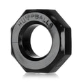 Black oxballs humpballs cockring with glossy finish and embossed branding featured in an octagonal ring design