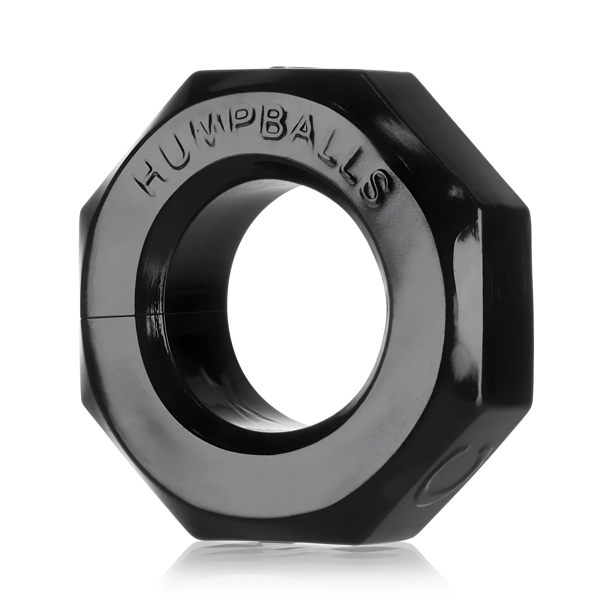 Black oxballs humpballs cockring with glossy finish and embossed branding featured in an octagonal ring design