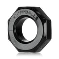 Black oxballs humpballs cockring with glossy finish and embossed branding featured in an octagonal ring design