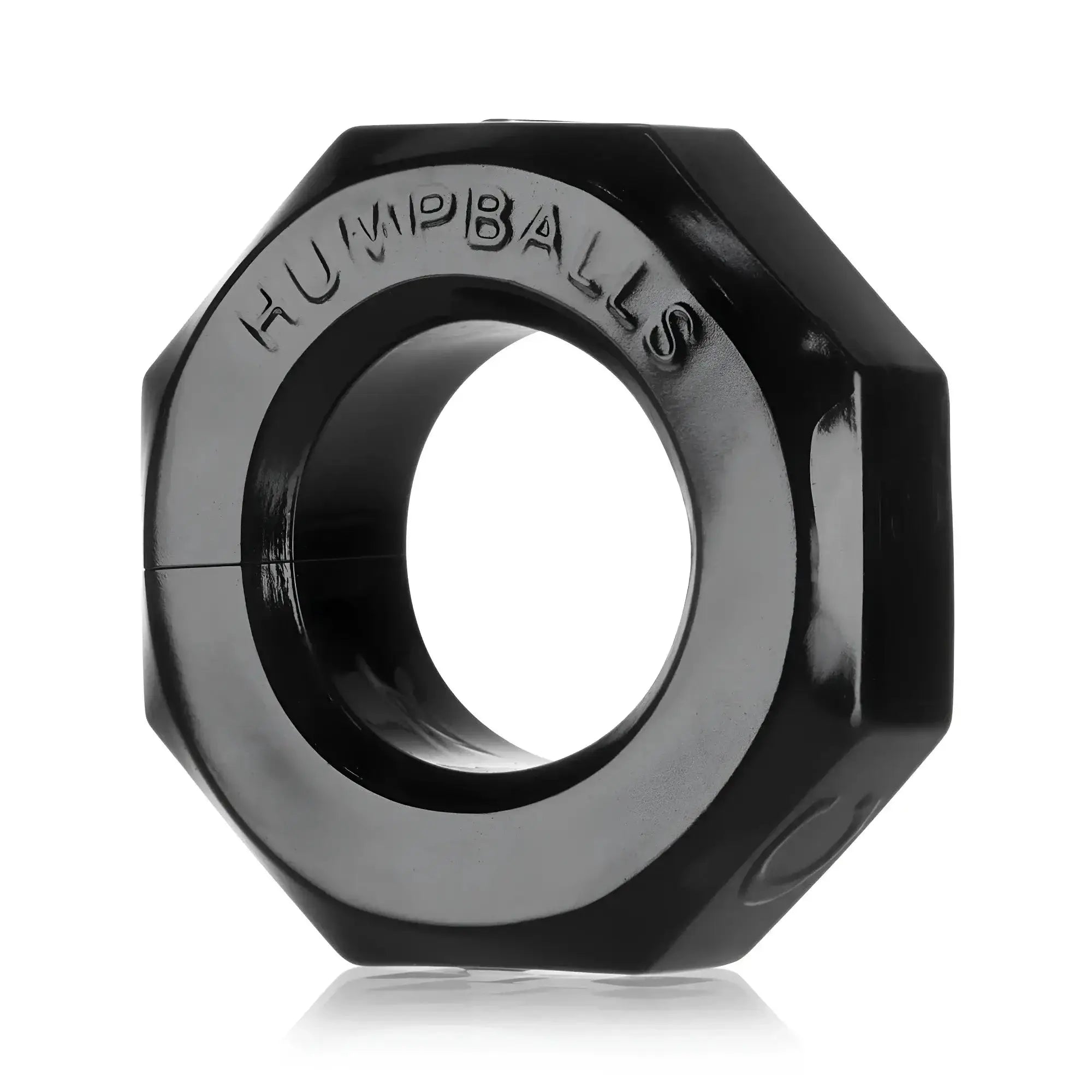 Black oxballs humpballs cockring with glossy finish and embossed branding featured in an octagonal ring design