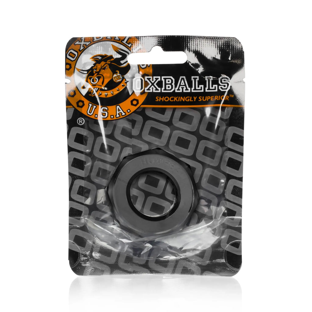OxBalls Humpballs black cock ring in branded orange and black blister pack designed for comfortable wear