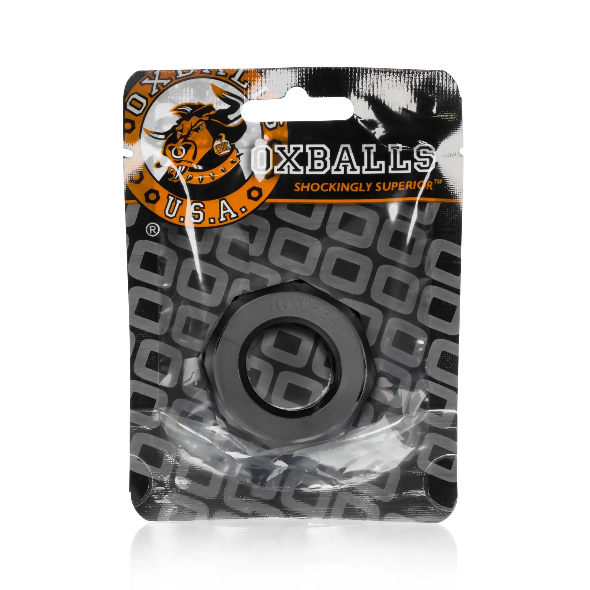OxBalls Humpballs black cock ring in branded orange and black blister pack designed for comfortable wear