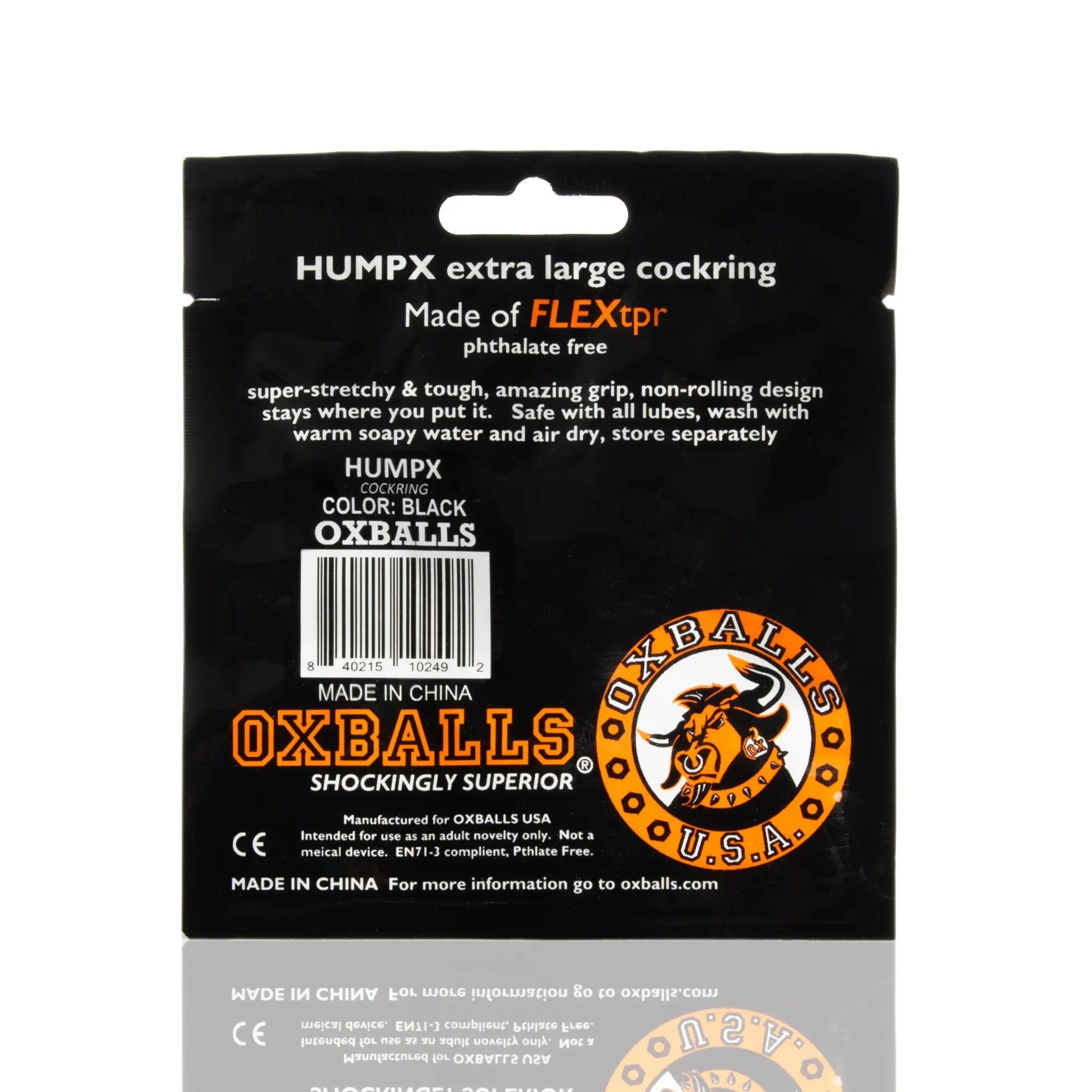 Black humpx extra large cockring made of phthalate-free flextpr with bold orange and black OxBalls logo design