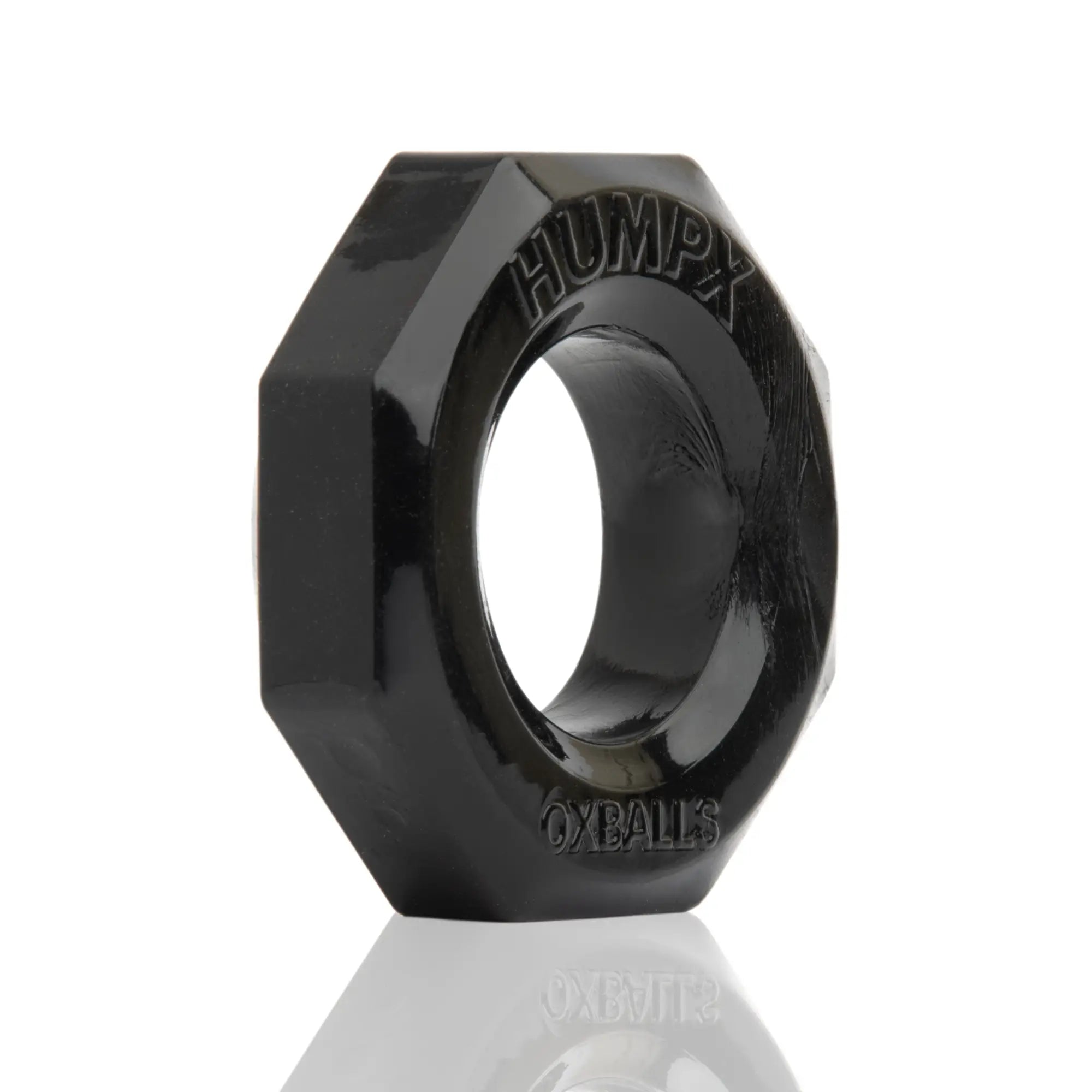 Black glossy hexagonal oxballs humpx cockring with engraved branding on sides for enhanced grip and style