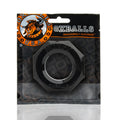 Black hexagonal oxballs humpx cockring with glossy finish and embossed branding for enhanced durability