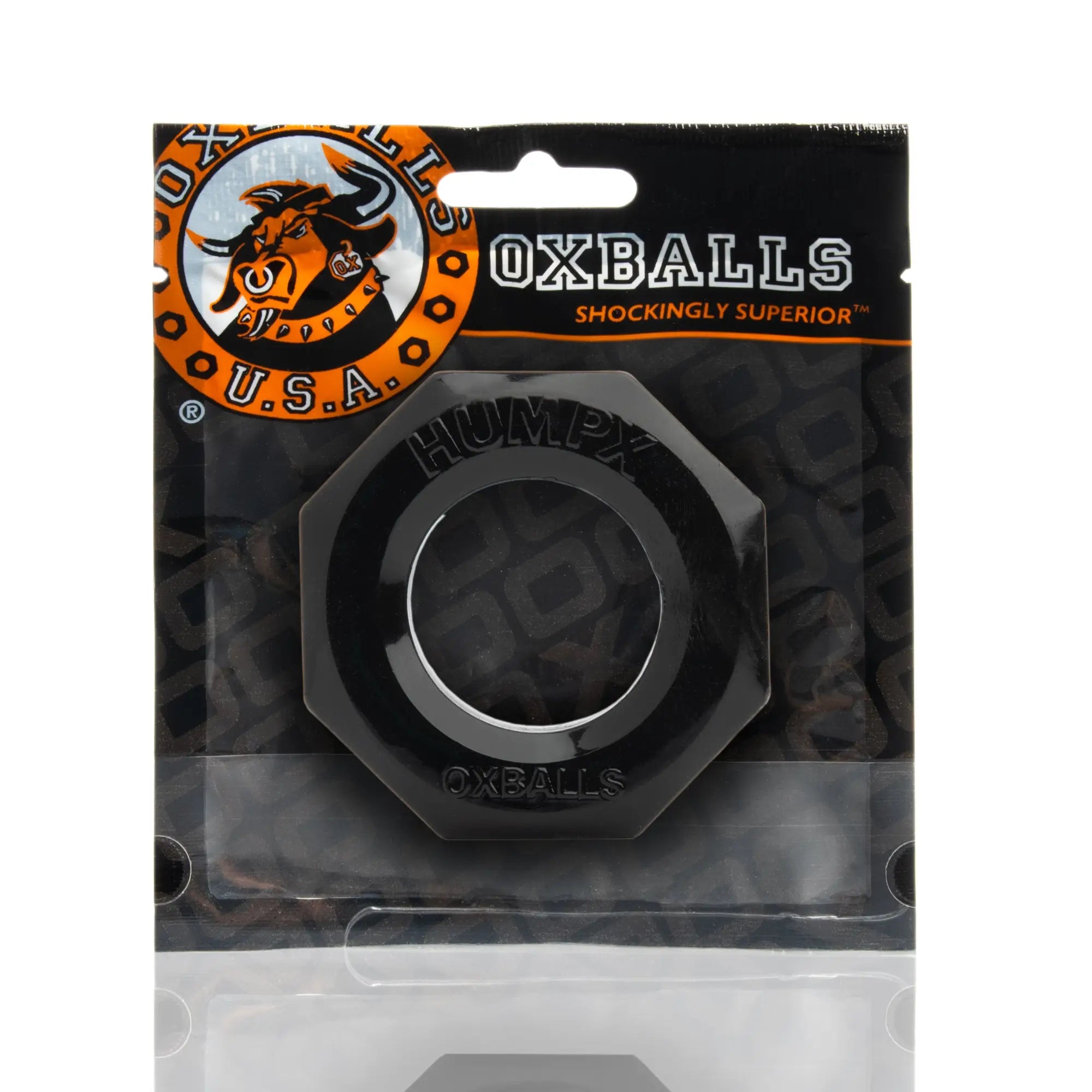 Black hexagonal oxballs humpx cockring with glossy finish and embossed branding for enhanced durability