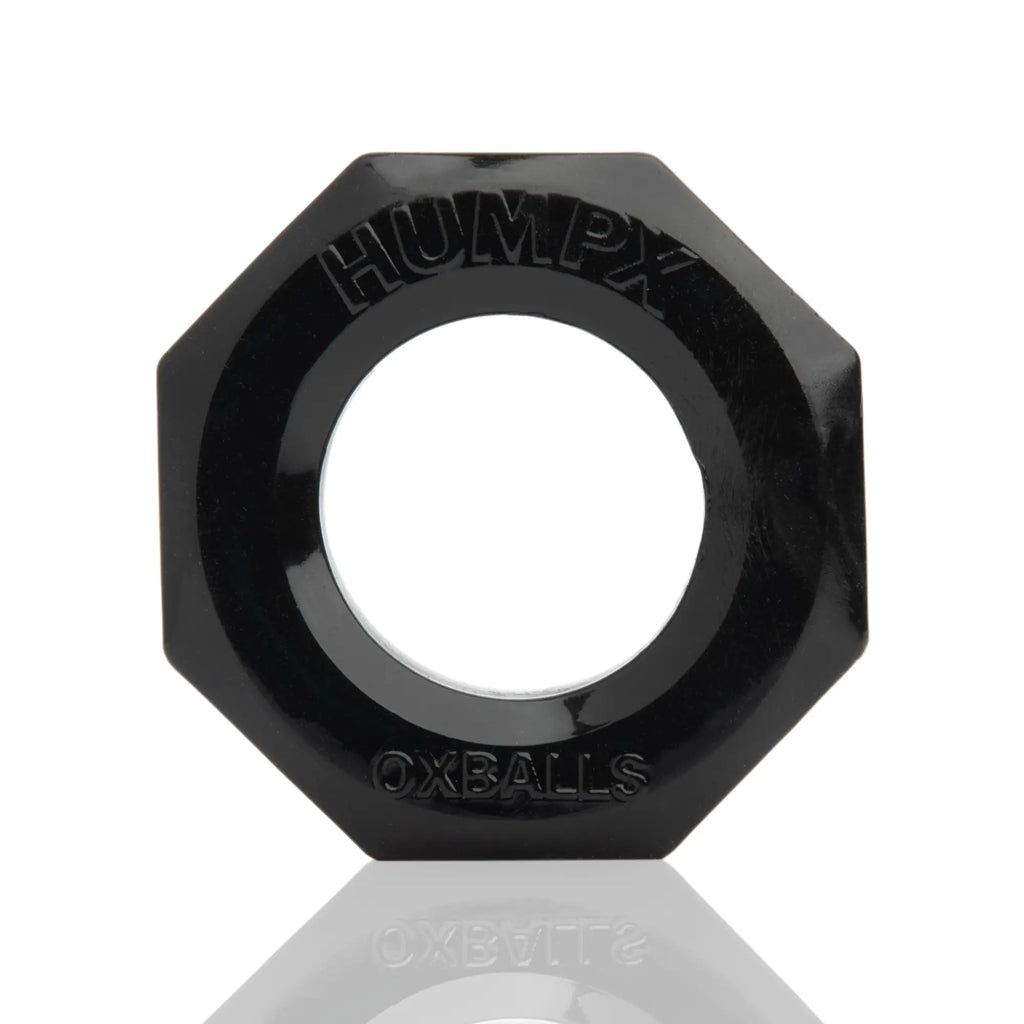 Black octagonal humpx cockring by oxballs with engraved branding on the surface for enhanced fit and comfort