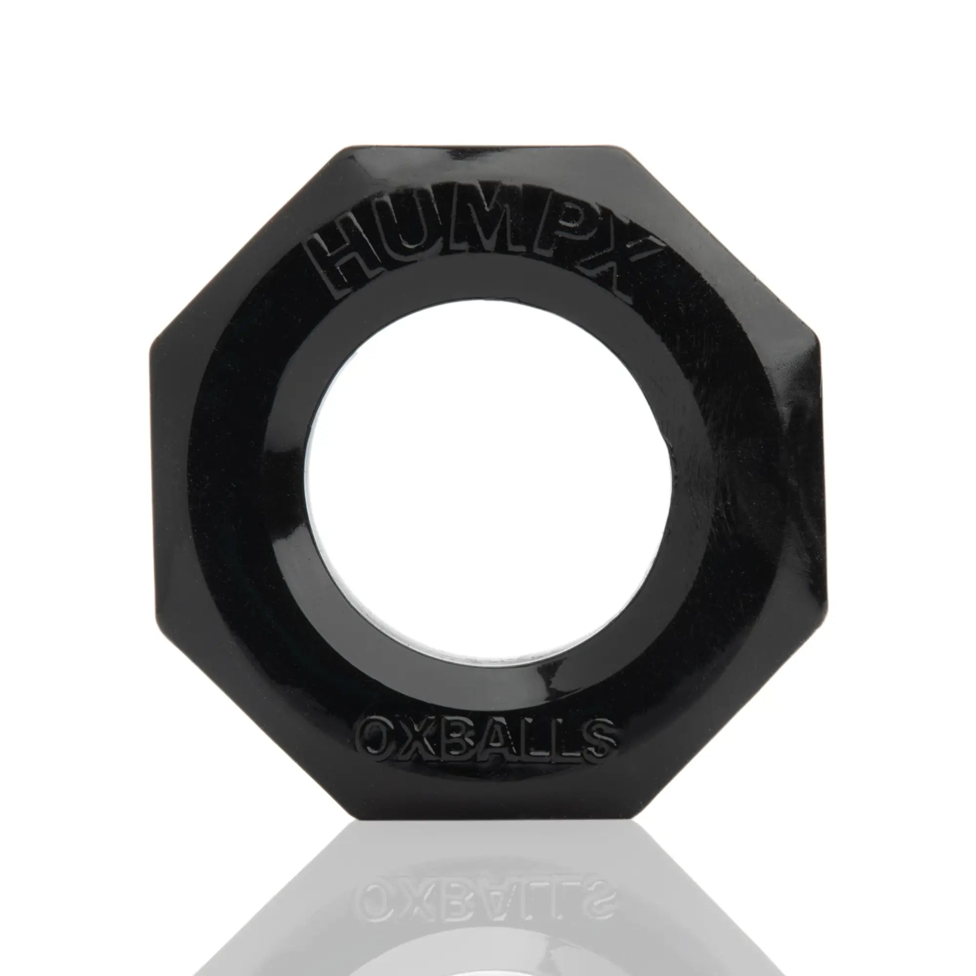Black octagonal humpx cockring by oxballs with engraved branding on the surface for enhanced fit and comfort