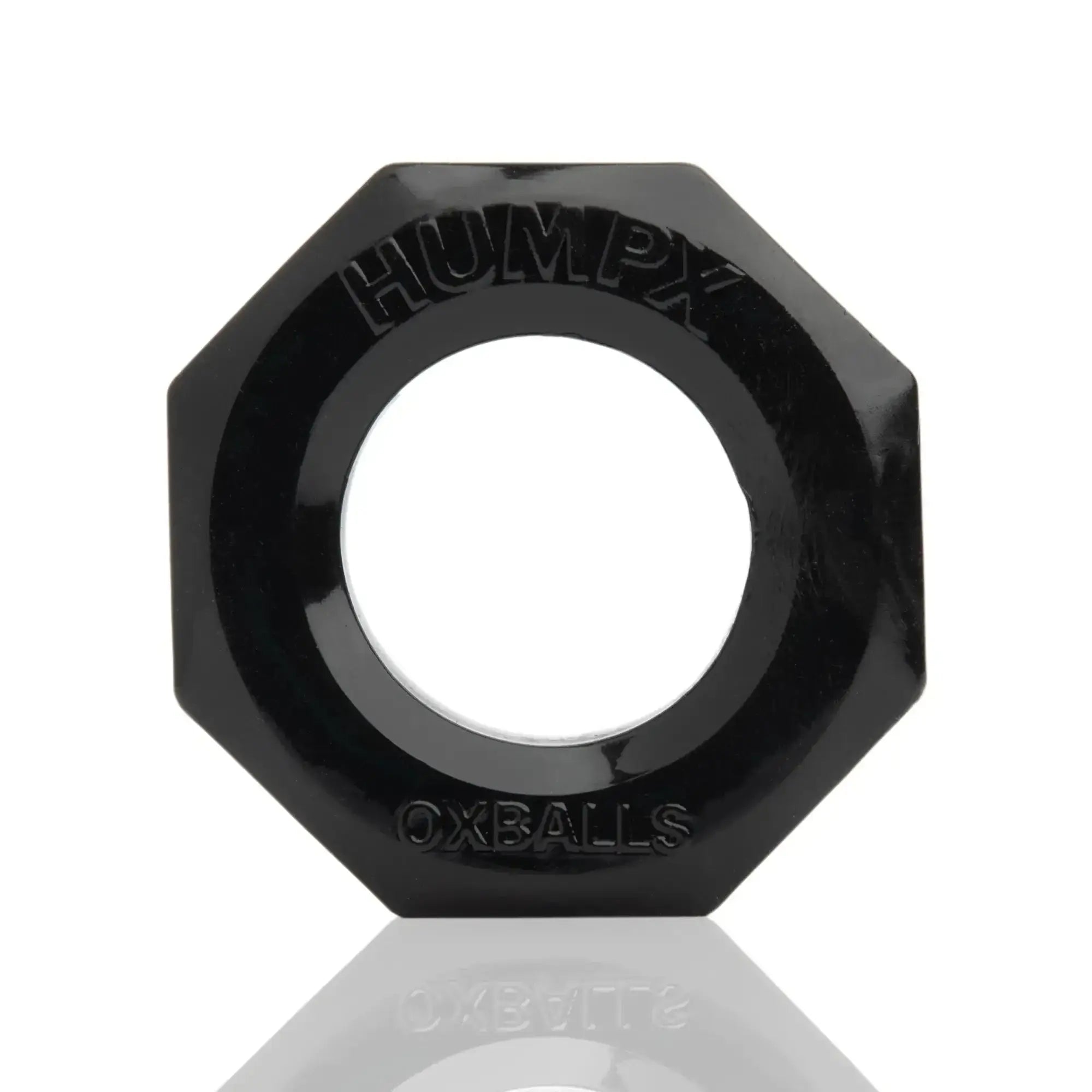 Black octagonal humpx cockring by oxballs with engraved branding on the surface for enhanced fit and comfort