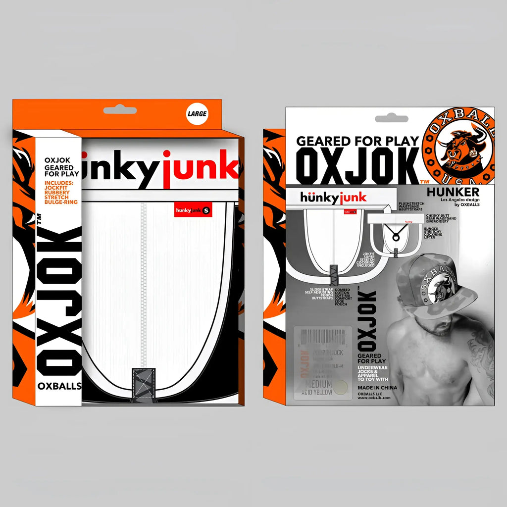 Oxballs hunker slider strap jock white snow l boxer briefs with front zipper in black and orange packaging