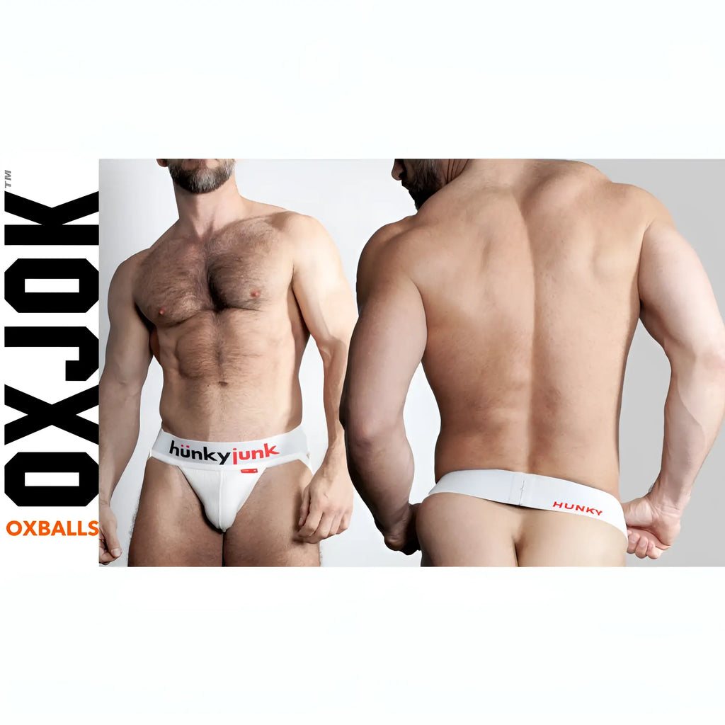 White hunkyjunk briefs with red lettering and waistband logo from oxballs hunker slider strap jock white snow xl