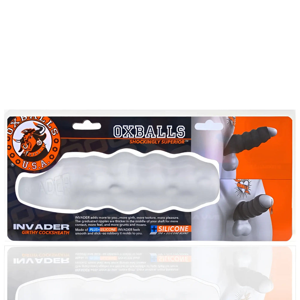 Transparent gray silicone oxballs invader cocksheath with textured graduated ridges for enhanced sensation