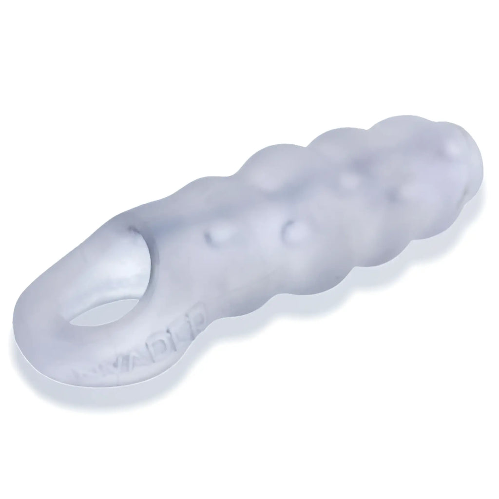 Transparent silicone dog toy with segmented bumpy texture and oval loop by OxBalls Invader Cocksheath Cool Ice color