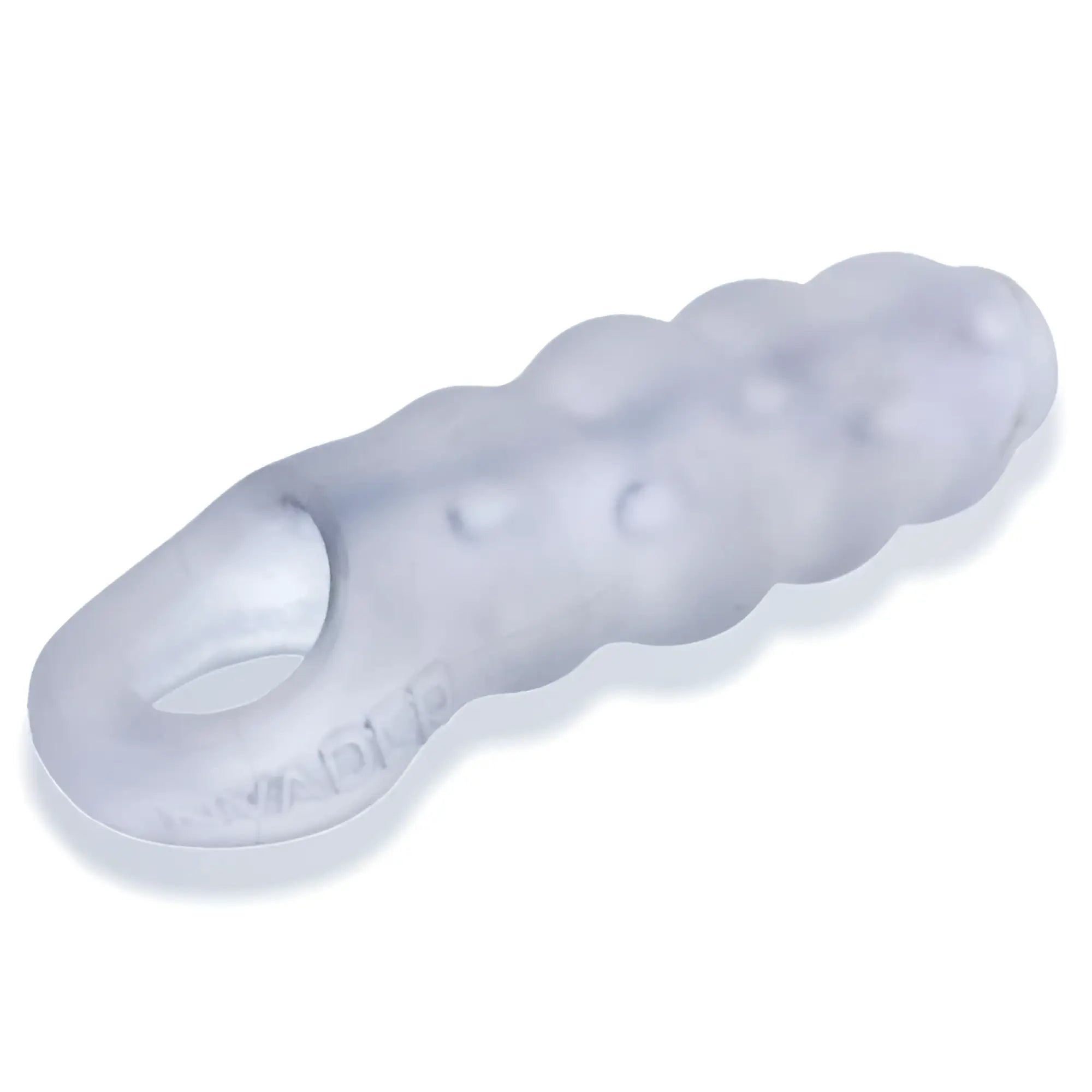 Transparent silicone dog toy with segmented bumpy texture and oval loop by OxBalls Invader Cocksheath Cool Ice color
