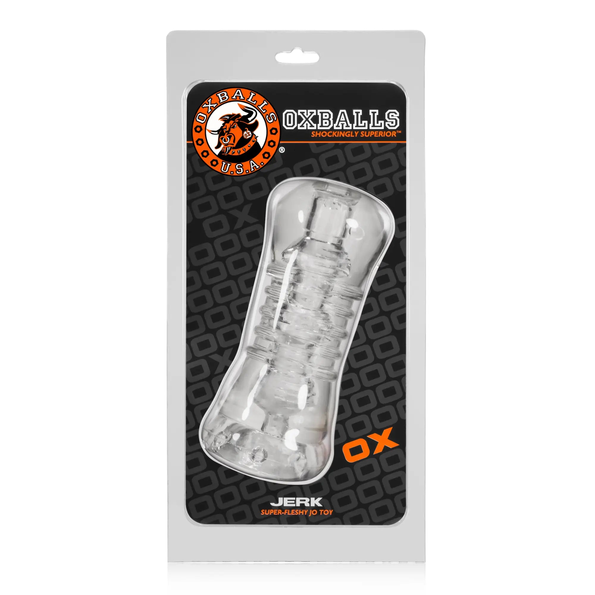 Clear transparent plastic oxballs jerk masturbator with super fleshy textured segmented design for male use