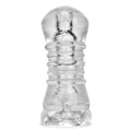 Clear transparent silicone anal plug with ribbed texture and rounded base by oxballs jerk masturbator