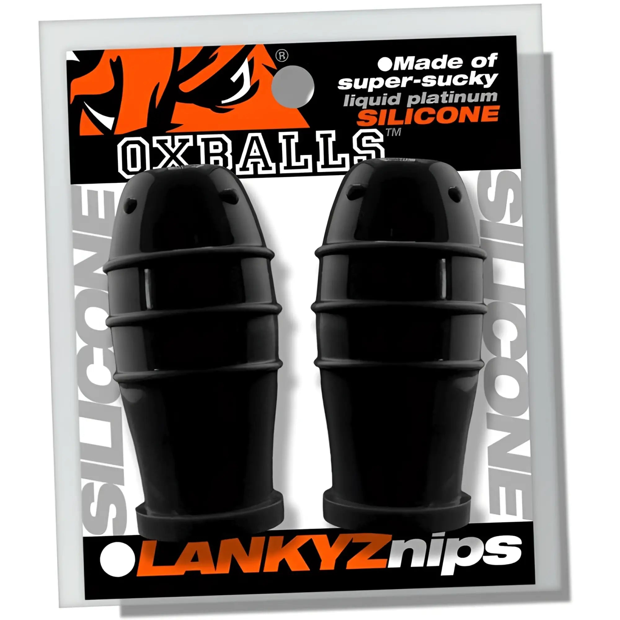 Black bullet-shaped oxballs lankyz silicone nipsuckers made of super-sucky liquid platinum silicone one size