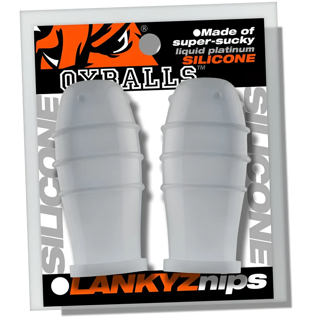 Two translucent white silicone bullet-shaped nipsuckers branded oyballs by lankyznips for oxballs lankyz nipsuckers clear