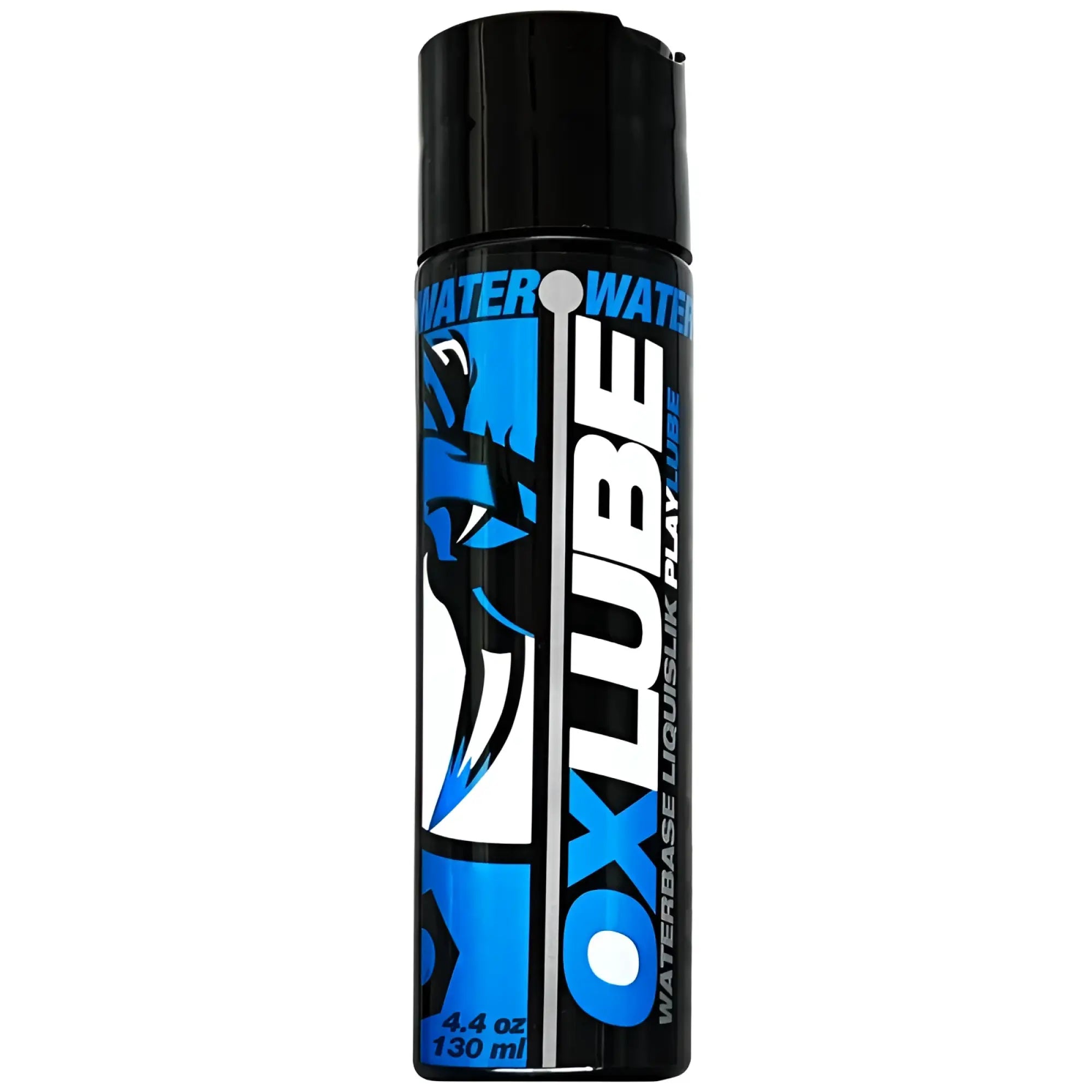 Black aerosol can of oxballs liquislik waterbased oxlube 130ml with bold blue and white animal face graphic design