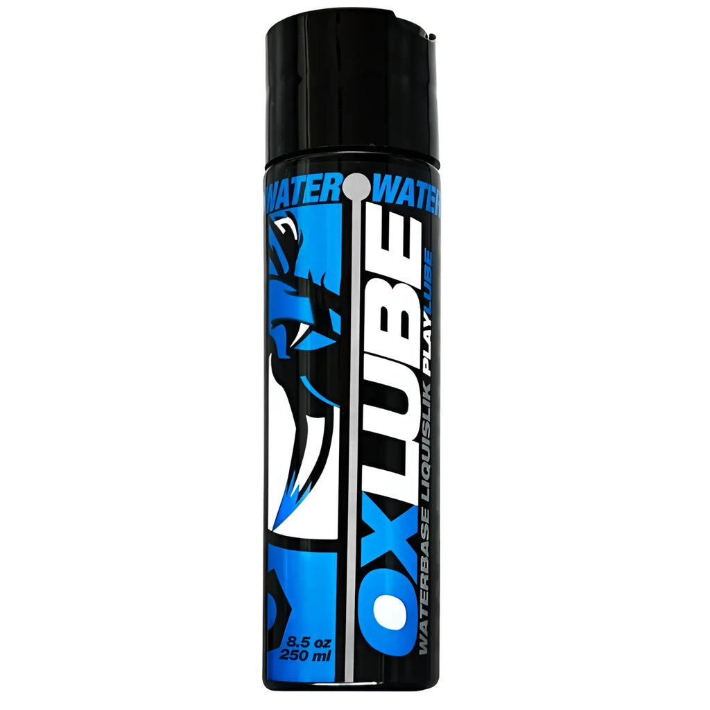 Black aerosol can of oxballs liquislik waterbased oxlube 250ml with blue and white label featuring a wolf logo