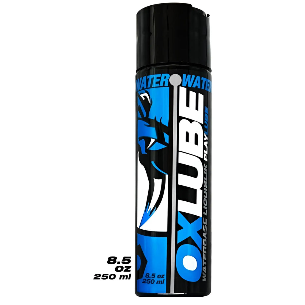 Black and blue OxBalls LIQUISLIK waterbased OXLube 250ml aerosol can with stylized wolf graphic on label