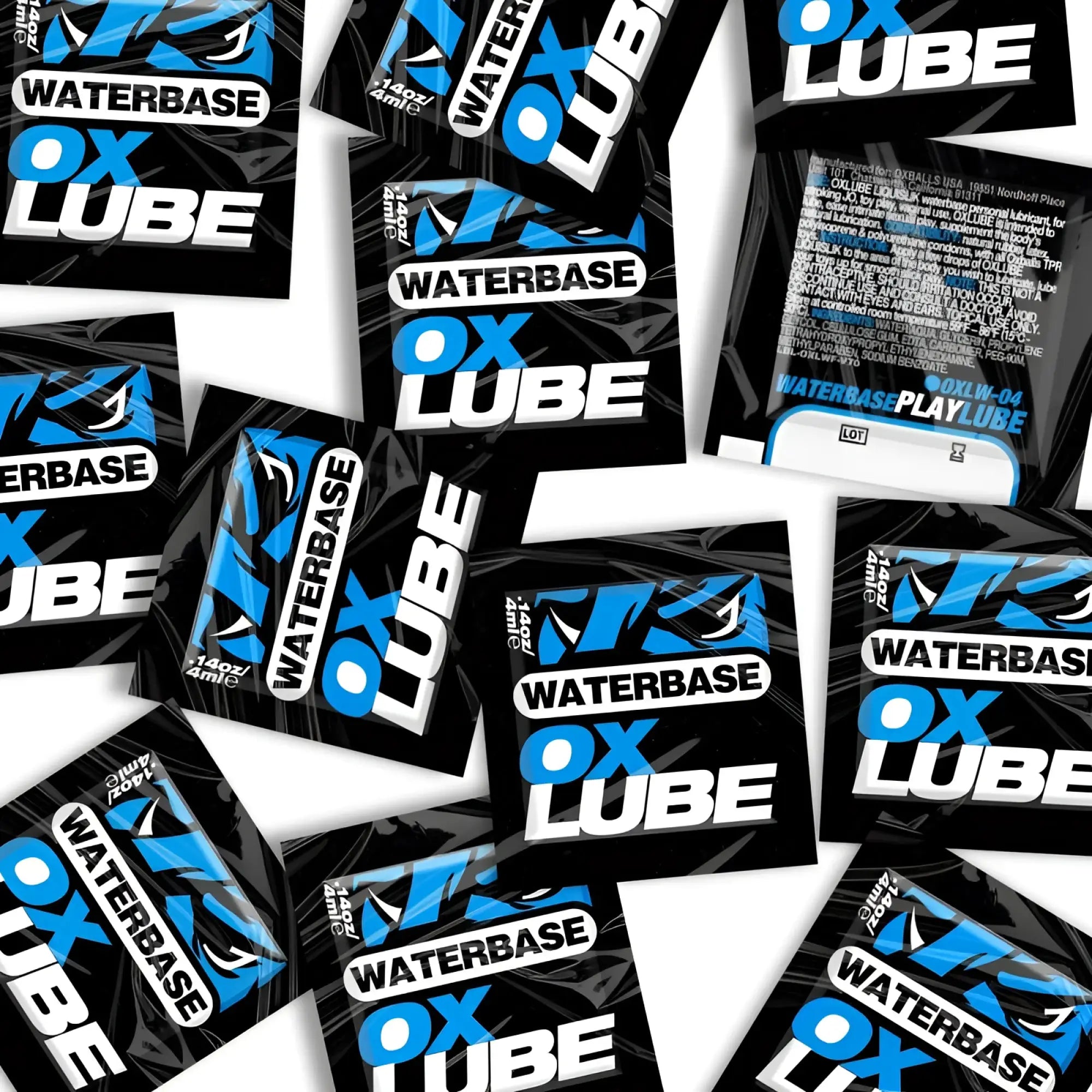 Black and blue waterbase ox lube packets with bold white lettering for OxBalls LIQUISLIK waterbased OXLube 50 pk sachets