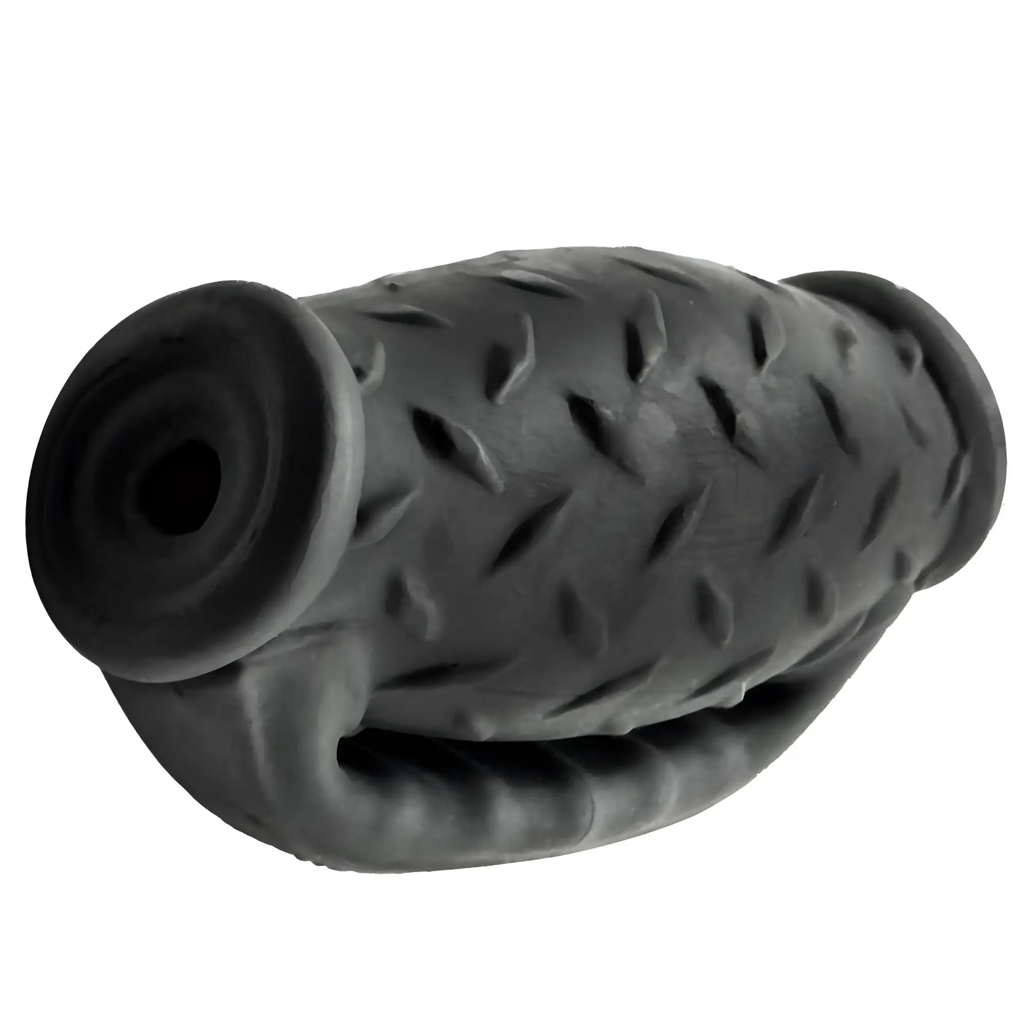 Black rubber exhaust pipe cover with diamond plate texture and flared ends in oxballs masterjack double penetration JO black ice