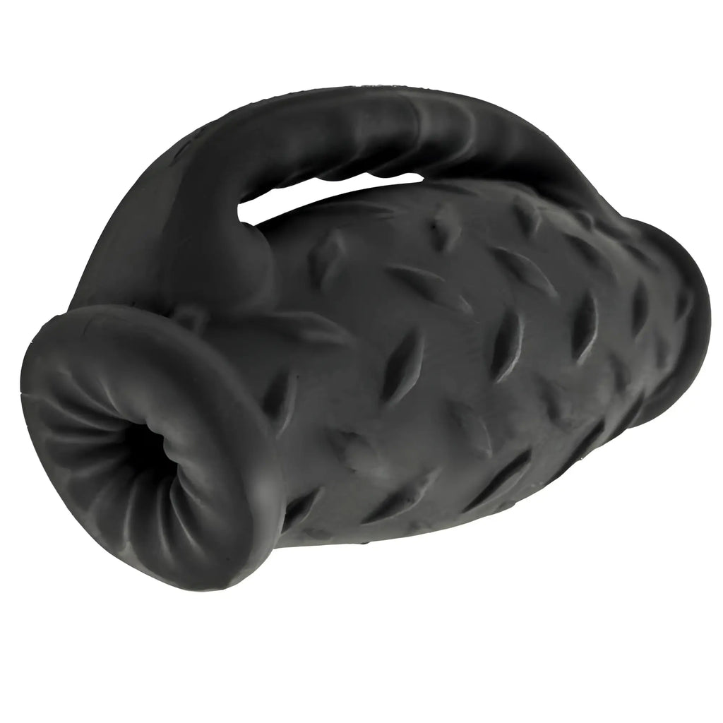 Black silicone OxBalls Masterjack double penetration JO massager with textured diamond plate and ergonomic handle