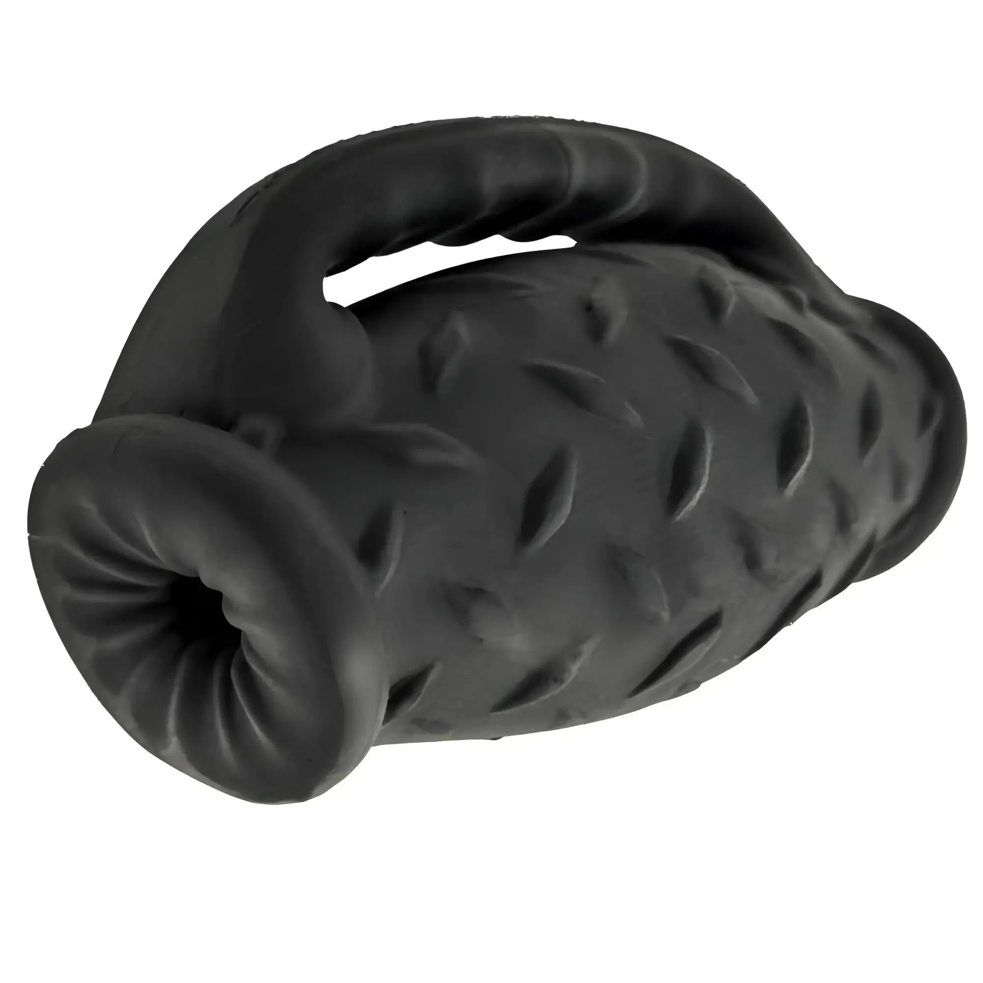 Black silicone OxBalls Masterjack double penetration JO massager with textured diamond plate and ergonomic handle