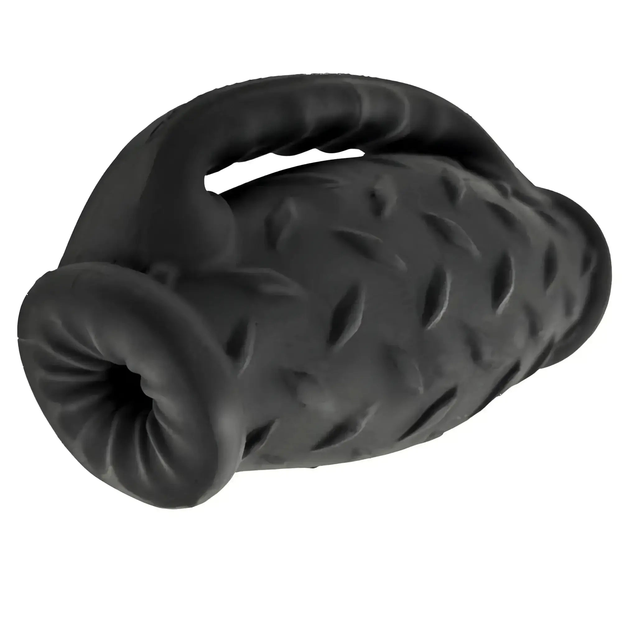Black silicone OxBalls Masterjack double penetration JO massager with textured diamond plate and ergonomic handle