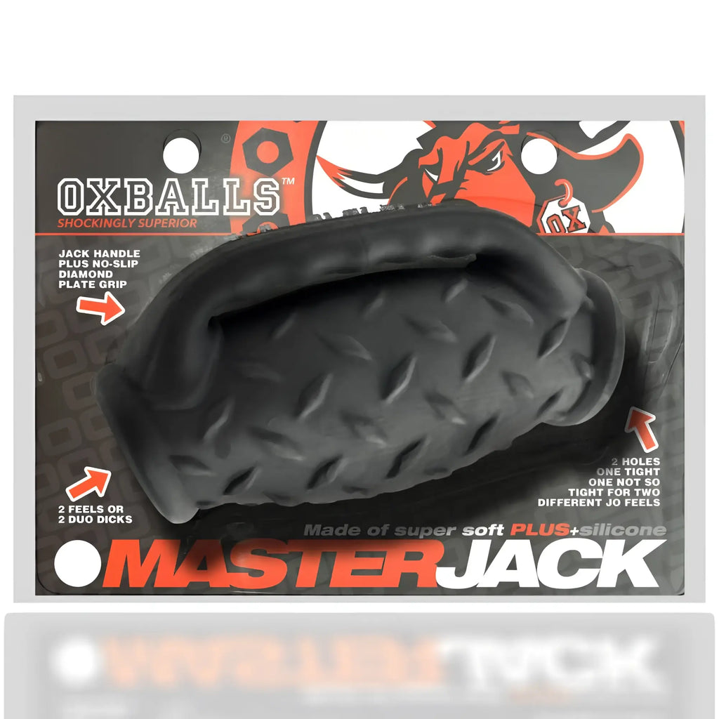 Black oxballs masterjack double penetration toy made of super soft plus silicone with diamond plate grip and jack handle design