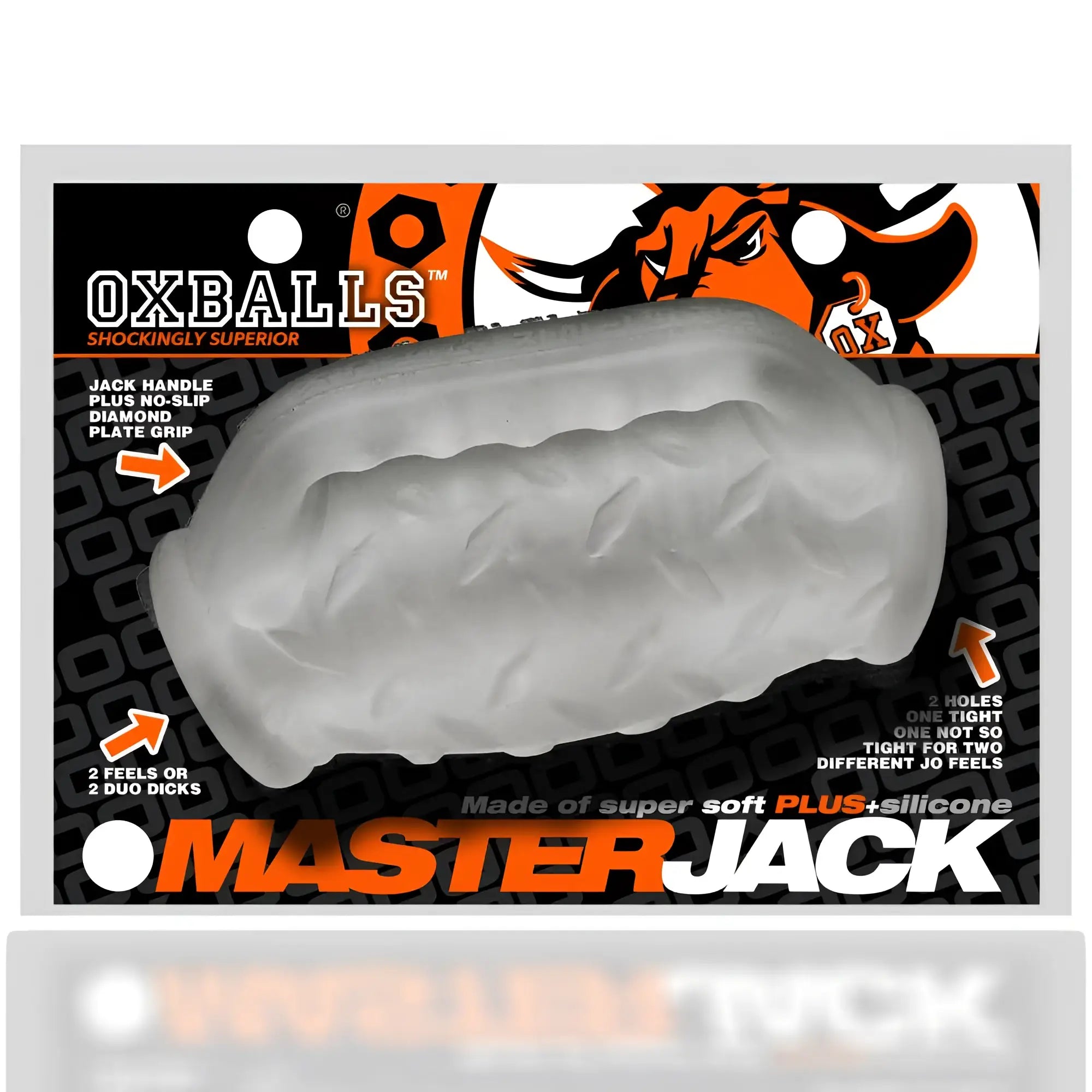 Gray translucent silicone masturbator oxballs masterjack double penetration jo clear ice with diamond plate grip and two holes