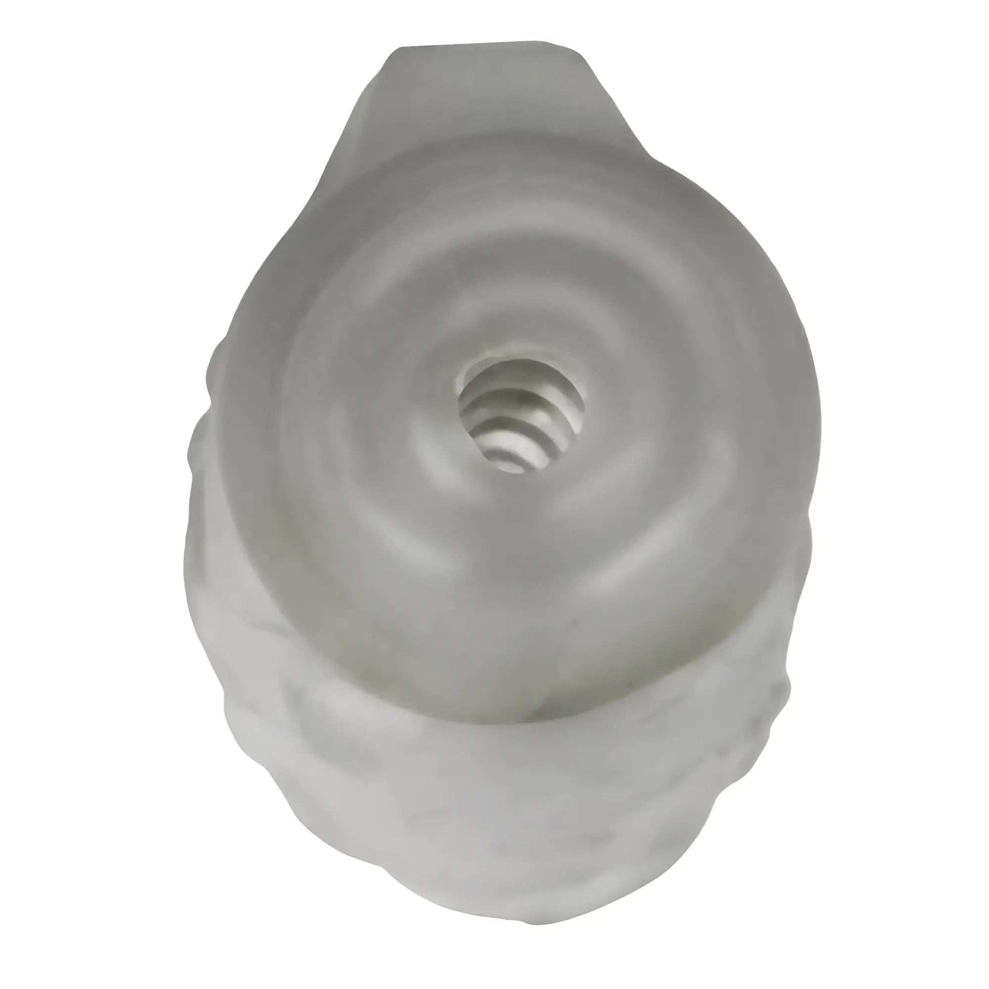 Translucent gray silicone cock ring with textured spiral design and central threaded opening oxballs masterjack double penetration jo clear ice