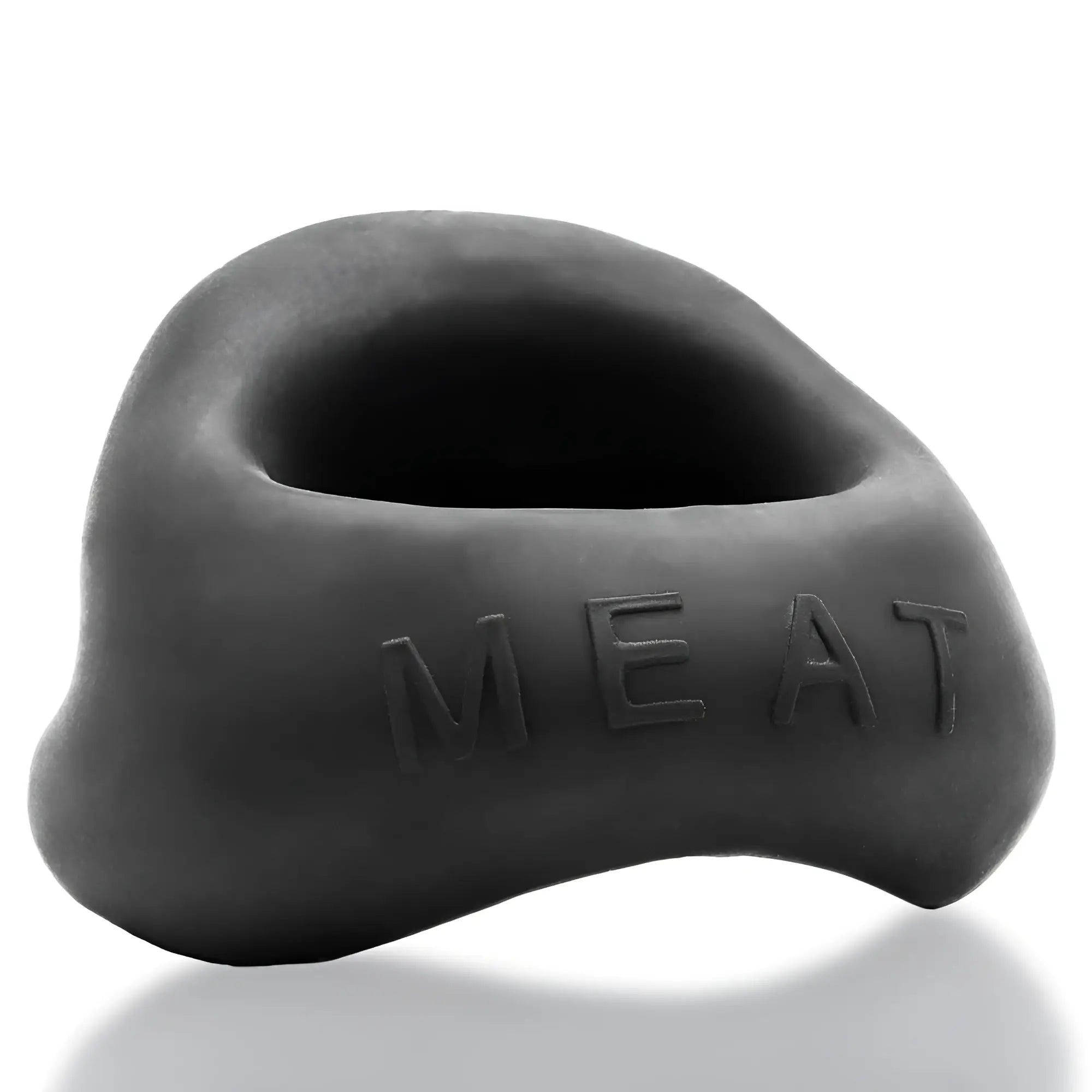 Black matte silicone meat-shaped oxballs meat big bulge cock ring with embossed lettering visible on front side