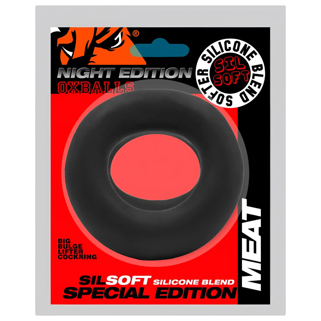 Black silicone blend cockring from oxballs night edition with smooth rounded design labeled big bulge lifter