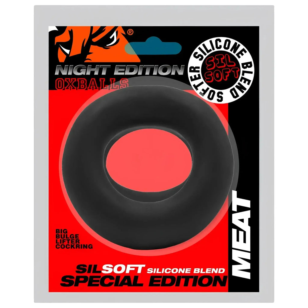 Black silicone blend cockring from oxballs night edition with smooth rounded design labeled big bulge lifter
