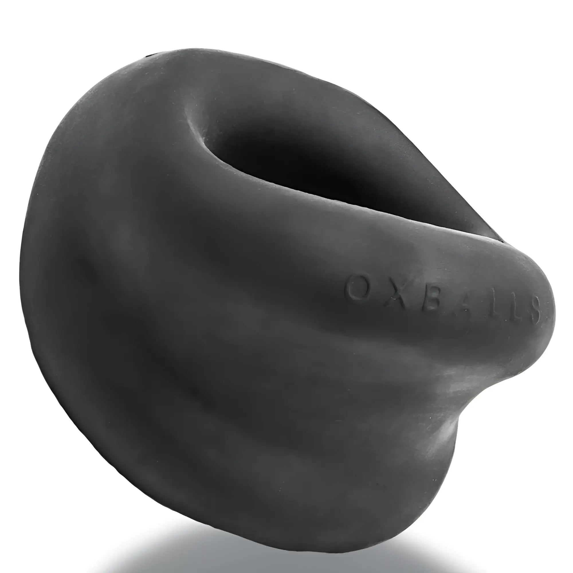 Black oxballs meat big bulge cock ring with smooth rounded silicone design and embossed branding on front side