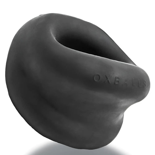 Black oxballs meat big bulge cock ring with smooth rounded silicone design and embossed branding on front side