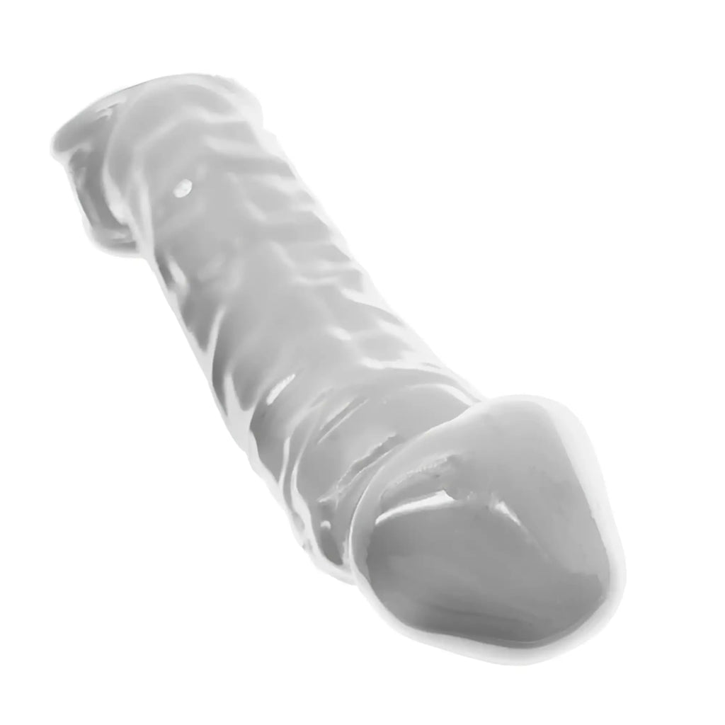 Oxballs muscle bandit slimmest fit clear cocksheath made of translucent silicone with ribbed texture and rounded ends